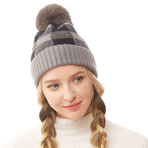 Grey Buffalo Check Knit Pom Pom Beanie Hat. Before running out the door into the cool air, you’ll want to reach for these toasty beanie to keep your hands incredibly warm. Accessorize the fun way with these beanie , it's the autumnal touch you need to finish your outfit in style. Awesome winter gift accessory!