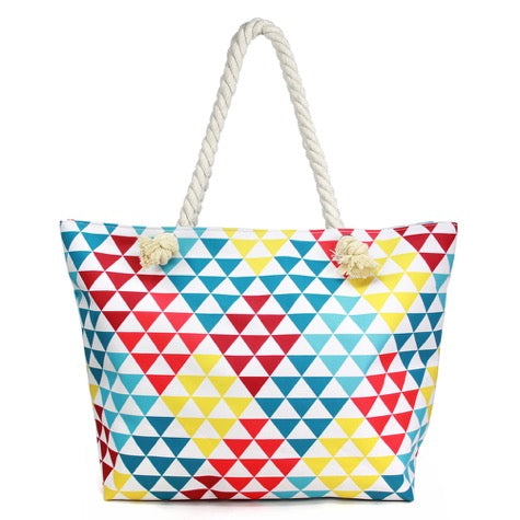 Multi Geometric Print Beach Bag is great if you are out shopping, going to the pool or beach, this bright tote bag is the perfect accessory. Spacious enough for carrying all your essentials. Great Beach, Vacation, Pool, Birthday Gift, Anniversary Girl, Paint Shopper Bag, Soft Rope Handles The Must Have Accessory! 