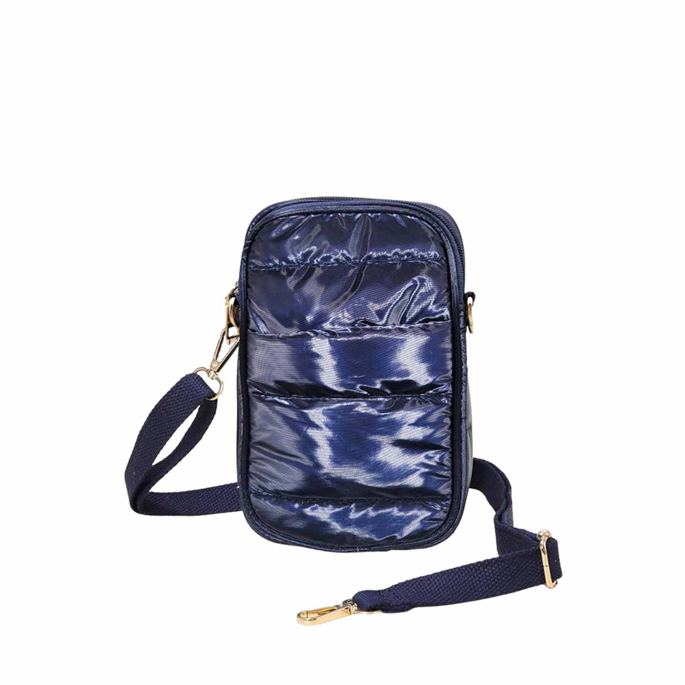 Glossy Navy Glossy Puffer Rectangle Crossbody Bag, This puffer fashion crossbody features one front slip pocket and one inside slip pocket, and a secured zipper closure at the top, this bag will be your new go-to! These beautiful and trendy Crossbody bags have adjustable and detachable hand straps that make your life more comfortable.