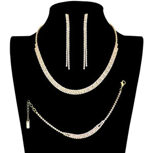 Gold 3PCS Rhinestone Crystal Fringe Necklace Jewelry Set. These gorgeous Rhinestone pieces will show your class on any special occasion. The elegance of these rhinestones goes unmatched, great for wearing at a party! Perfect for adding just the right amount of glamour and sophistication to important occasions. These classy fringe themed necklaces are perfect for parties, Weddings, and Evenings. Awesome gift for birthdays, anniversaries, Valentine’s Day, or any special occasion.