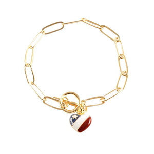 Gold American USA Flag Heart Charm Toggle Bracelet ,Featuring red, white and blue for a bit of fashionable fireworks flair. Add a statement to your outfit with this beautiful Jewelry. It’s has beautiful Heart Charm Toggle in our patriotic vibrant colors. Perfect of any time day or night, great for election day, national holiday, show how much you love this country.