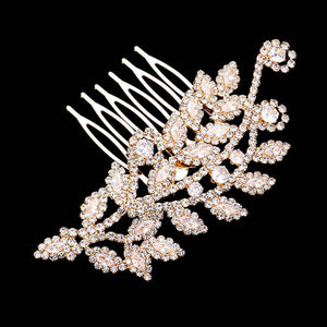Gold CZ Marquise Accented Leaf Hair Comb. Perfect for adding just the right amount of shimmer & shine, will add a touch of class, beauty and style to your wedding, prom, special events, embellished glass crystal to keep your hair sparkling all day & all night long. The elegant design will enhance your beauty, attracting everyone's attention and transforming you into a bright star to wear with this flower hair comb.