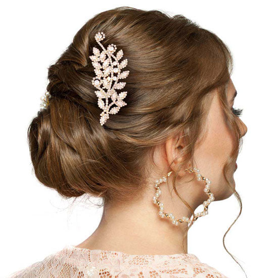 Gold CZ Marquise Accented Leaf Hair Comb. Perfect for adding just the right amount of shimmer & shine, will add a touch of class, beauty and style to your wedding, prom, special events, embellished glass crystal to keep your hair sparkling all day & all night long. The elegant design will enhance your beauty, attracting everyone's attention and transforming you into a bright star to wear with this flower hair comb.