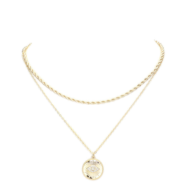 Gold Rhinestone Embellished Evil Eye Round Pendant Layered Necklace, Wear together or separate according to your event, versatile enough for wearing straight through the week, perfectly lightweight for all-day wear, coordinate with any ensemble from business casual to everyday wear, the perfect addition to every outfit. 