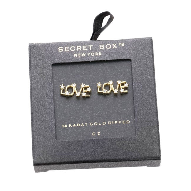 Secret Box 14k White Gold Dip CZ LOVE Message Stud Earrings