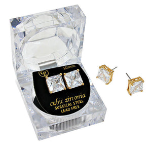 Gold 10 mm Square Crystal Cubic Zirconia CZ Stud Earrings with Clear Box. Look like the ultimate fashionista with these Earrings! Add something special to your outfit this Valentine! special It will be your new favorite accessory. Perfect Birthday Gift, Anniversary Gift, Mother's Day Gift, Graduation Gift, Valentine's Day Gift.