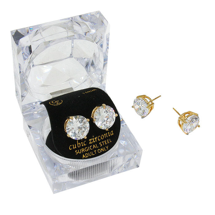 Gold 11 mm Round Cut Crystal Cubic Zirconia CZ Stud Earrings with Clear Box. Beautifully crafted design adds a gorgeous glow to any outfit. Jewelry that fits your lifestyle! Perfect Birthday Gift, Anniversary Gift, Mother's Day Gift, Graduation Gift, Prom Jewelry, Just Because Gift, Thank you Gift, Valentine's Day Gift.