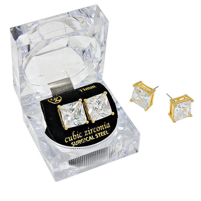 Gold 11 mm Square Crystal Cubic Zirconia CZ Stud Earrings with Clear Box. Beautifully crafted design adds a gorgeous glow to any outfit. Jewelry that fits your lifestyle! Perfect Birthday Gift, Anniversary Gift, Mother's Day Gift, Graduation Gift, Prom Jewelry, Just Because Gift, Thank you Gift, Valentine's Day Gift.