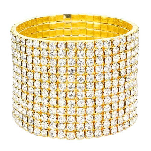 12-Row Crystal Rhinestone Stretchable Bracelet - Gold