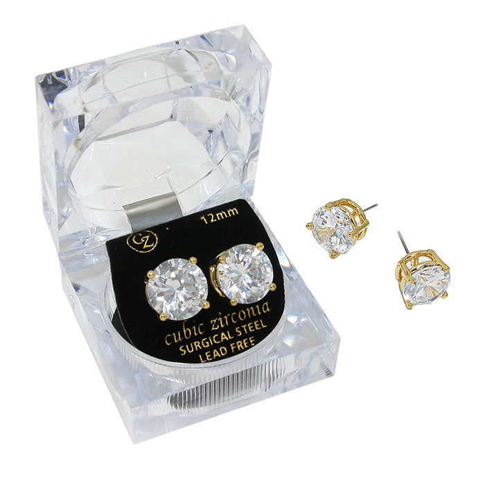 Gold 12 mm Round Cut Crystal Cubic Zirconia CZ Stud Earrings with Clear Box. Look like the ultimate fashionista with these Earrings! Add something special to your outfit this Valentine! special It will be your new favorite accessory. Perfect Birthday Gift, Anniversary Gift, Mother's Day Gift, Graduation Gift, Valentine's Day Gift.