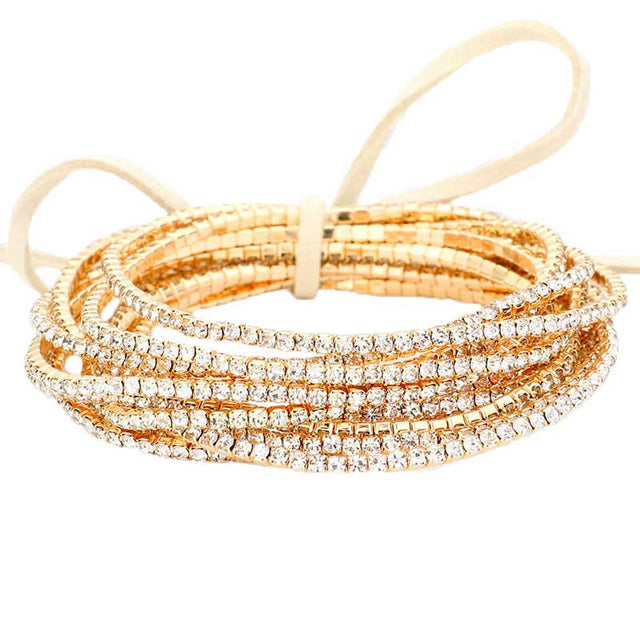 Gold 12PCS Ribbon Colorful Rhinestone Layered Stretch Bracelets. This Rhinestone Stretch Bracelet sparkles all around with it's surrounding round stones, stylish stretch bracelet that is easy to put on, take off and comfortable to wear. It looks modern and is just the right touch to set off LBD. Perfect jewelry to enhance your look. Awesome gift for birthday, Anniversary, Valentine’s Day or any special occasion.