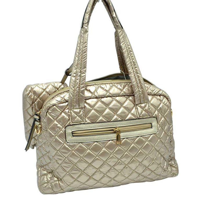 Gold 2 N 1 Large Quilted Tote Bag With Pouch, has plenty of room to carry all your handy items with ease. It also comes with a removable insert bag that doubles as lining to the bag or can be removed and worn as a shoulder bag. Trendy and beautiful bag that amps up your outlook while carrying. Great for different activities including quick getaways, long weekends, picnics, beach, or even going to the gym! Easy to carry with you in your hands or around your shoulders.