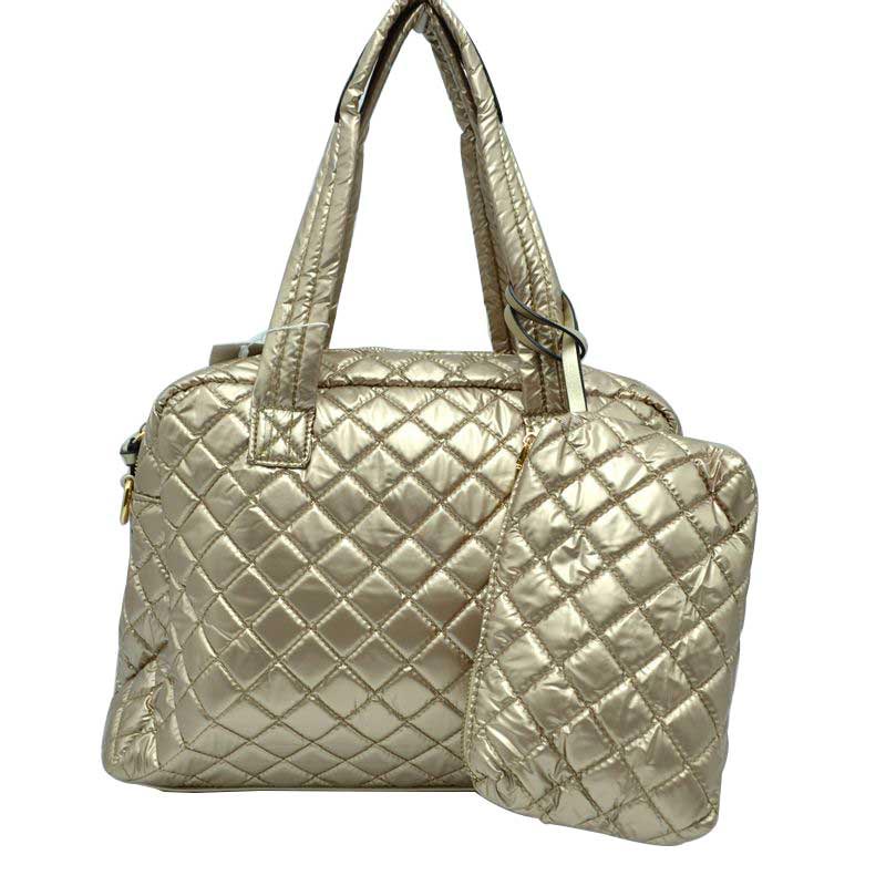 Gold 2 N 1 Large Quilted Tote Bag With Pouch, has plenty of room to carry all your handy items with ease. It also comes with a removable insert bag that doubles as lining to the bag or can be removed and worn as a shoulder bag. Trendy and beautiful bag that amps up your outlook while carrying. Great for different activities including quick getaways, long weekends, picnics, beach, or even going to the gym! Easy to carry with you in your hands or around your shoulders.