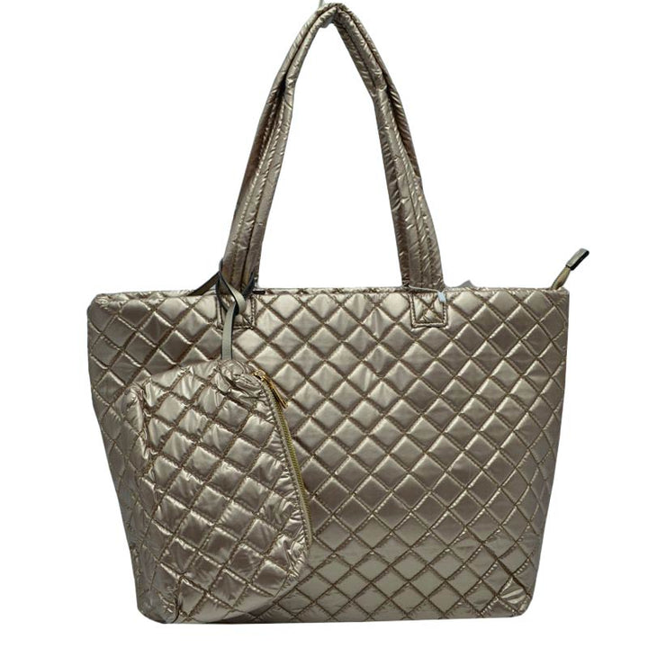 Gold 2 N 1 Large Quilted Zipper Tote With Pouch, has plenty of room to carry all your handy items with ease. It also comes with a removable insert bag that doubles as lining to the bag or can be removed and worn as a shoulder bag. Great for different activities including quick getaways, long weekends, picnics, beach, or even going to the gym! Easy to carry with you in your hands or around your shoulders. This 2 in 1 tote bag is just what the boss lady needs! Stay comfortable.