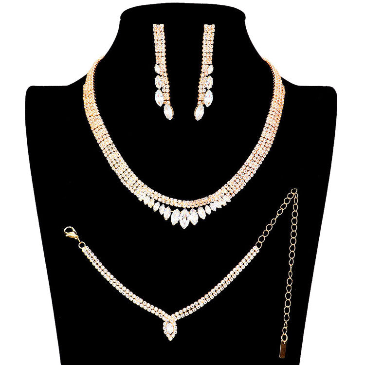 Gold 3PCS CZ Marquise Accented Necklace Jewelry Set. Stunning jewellery sets suits any style and occasion wear over your favorite tops and dresses this season!  Adds the perfect accent to your wardrobe. A timeless treasure designed to accent the neckline adds a gorgeous stylish glow to any outfit style, jewelry that fits your lifestyle! This piece is versatile and goes with practically anything! Fabulous gift, ideal for your loved one or yourself.