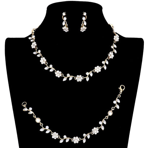 3PCS Flower Leaf Cluster Rhinestone Necklace Jewelry Set - Gold