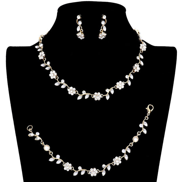 Gold 3PCS Flower Leaf Cluster Rhinestone Necklace Jewelry Set, These gorgeous Rhinestone pieces will show your class on any special occasion. The elegance of these rhinestones goes unmatched. Get ready with these bright stunning fashion Jewelry sets, and put on a pop of shine to complete your ensemble. Simple sophistication gives a lovely fashionable glow to any outfit style. Simple sophistication, dazzling polished, is a timeless beauty that makes a notable addition to your collection.