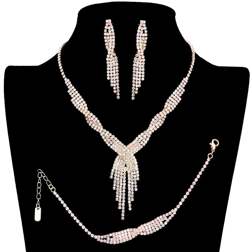 Gold 3PCS Rhinestone Crystal Fringe Necklace Jewelry Set, These gorgeous Rhinestone 3 pieces jewelry will show your class on any special occasion. The elegance of these rhinestones goes unmatched, great for wearing at a party! Perfect for adding just the right amount of glamour and sophistication to important occasions. These classy fringe themed necklaces are perfect for parties, Weddings, and Evenings. Awesome gift for birthdays, anniversaries, Valentine’s Day, or any special occasion.