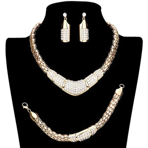Gold 3PCS Rhinestone Pave Metal Chain Necklace Set. Stunning jewellery sets suits any style and occasion wear over your favorite tops and dresses this season!  Adds the perfect accent to your wardrobe. A timeless treasure designed to accent the neckline adds a gorgeous stylish glow to any outfit style, jewelry that fits your lifestyle! This piece is versatile and goes with practically anything! Fabulous gift, ideal for your loved one or yourself.