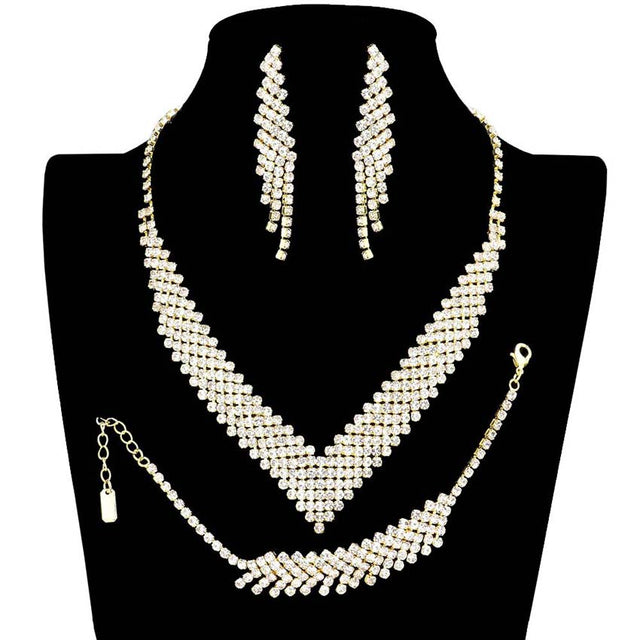 Gold 3PCS Rhinestone Pave Necklace Jewelry Set is a glowing and sparkling beauty that is perfect to show off your glowing look and enrich your beauty to a greater extent. The elegance of these rhinestones goes unmatched, great for wearing on any special occasion! Wear this beautiful jewelry sets to add a gorgeous glow to your special outfit at weddings, wedding showers, receptions, anniversaries, and other special occasions.