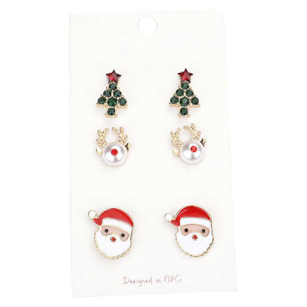 Gold 3Pairs Christmas Tree Rudolph Santa Clause Stud Earrings, beautifully crafted design adds a gorgeous glow to any outfit with this Christmas theme earrings. Get into the Christmas spirit with our gorgeous Christmas Rudolph stud earrings. This stud earrings is a royal beauty that highlights your appearance and grasps everyone's eye on any special occasion. Ideal gift for you loved ones, girlfriend, wife, daughter, sisters, etc. Share joy and beauty with your family on Christmas.