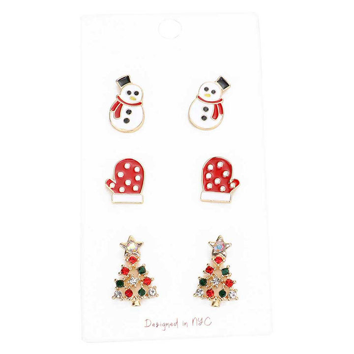 Gold 3Pairs Snowman Gloves Christmas Tree Stud Earrings, beautifully crafted design adds a gorgeous glow to any outfit with this Christmas theme earrings. Get into the Christmas spirit with our gorgeous Christmas snowman stud earrings. This Snowman earrings is a royal beauty that highlights your appearance and grasps everyone's eye on any special occasion. Ideal gift for you loved ones, girlfriend, wife, daughter, sisters, etc. Share joy and beauty with your family on Christmas.