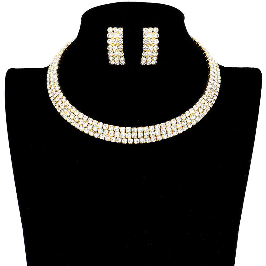 Gold 3Rows Rhinestone Open Choker Necklace. The elegance of these necklace goes unmatched, great for wearing at a party! Designed to accent the neckline, a fashion faithful, adds a gorgeous stylish glow to any outfit style, jewelry that fits your lifestyle! Fabulous gift, ideal for your loved one or yourself.