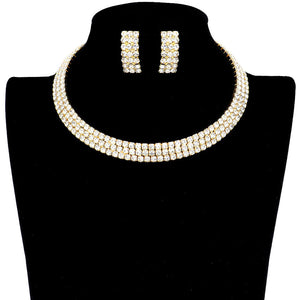 Gold 3Rows Rhinestone Open Choker Necklace. The elegance of these necklace goes unmatched, great for wearing at a party! Designed to accent the neckline, a fashion faithful, adds a gorgeous stylish glow to any outfit style, jewelry that fits your lifestyle! Fabulous gift, ideal for your loved one or yourself.