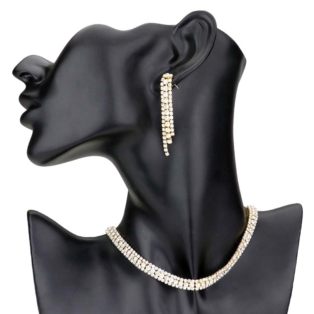 Gold 3Rows Rhinestone Pave Choker Necklace, These gorgeous rhinestone jewelry sets will show your class on any special occasion. The elegance of this crystal necklace goes unmatched, great for wearing at a party! Perfect for adding just the right amount of shimmer & shine and a touch of class everywhere. Stunning jewelry set will sparkle all night long making you shine like a diamond.