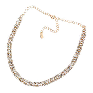 Gold 3Rows Rhinestone Pave Choker Necklace, These gorgeous rhinestone jewelry sets will show your class on any special occasion. The elegance of this crystal necklace goes unmatched, great for wearing at a party! Perfect for adding just the right amount of shimmer & shine and a touch of class everywhere. Stunning jewelry set will sparkle all night long making you shine like a diamond.