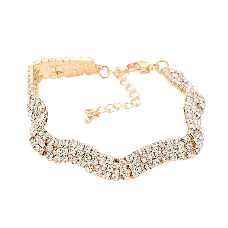 Gold 3Rows Rhinestone Wavy Evening Bracelet. This Rhinestone Evening Bracelet sparkles all around with it's surrounding round stones, stylish stretch bracelet that is easy to put on, take off and comfortable to wear. It looks modern and is just the right touch to set off LBD. Perfect jewelry to enhance your look. Awesome gift for birthday, Anniversary, Valentine’s Day or any special occasion.