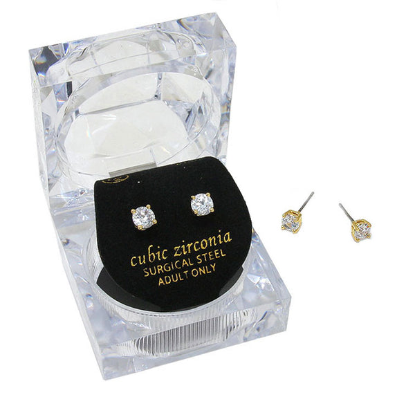 Gold 5 mm Round Cut Crystal Cubic Zirconia CZ Stud Earrings with Clear Box. Beautifully crafted design adds a gorgeous glow to any outfit. Jewelry that fits your lifestyle! Perfect Birthday Gift, Anniversary Gift, Mother's Day Gift, Graduation Gift, Prom Jewelry, Just Because Gift, Thank you Gift, Valentine's Day Gift.