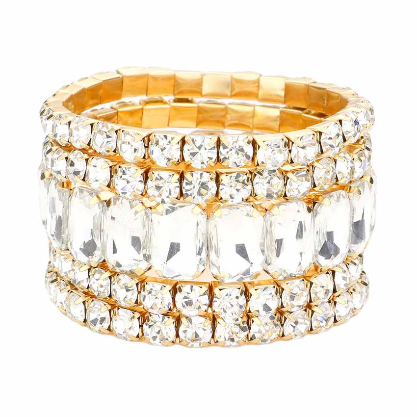 Gold 5PCS Rectangle Round Stone Stretch Multi Layered Bracelets, Add this 5 piece multi layered bracelet to light up any outfit, feel absolutely flawless. perfectly lightweight for all-day wear, coordinate with any ensemble from business casual to everyday wear, put on a pop of color to complete your ensemble. Awesome gift idea for birthday, Anniversary, Valentine’s Day or any special occasion.