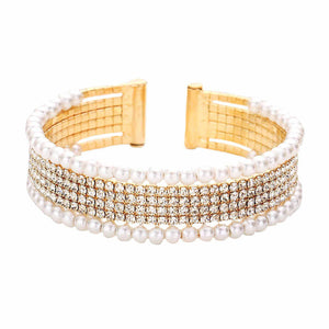 Gold 6 Rows - Pearl Accented Decor Rhinestone Cuff Bracelet Evening Bracelet Special Occasion. Rows of dazzling rhinestones & Pearls & an open end for easy flexible fit. Get cuffed with glitz & glam in this sparkling crystal cuff! Perfect gift for your loved one. Weddings, Prom, Sweet 16, Quinceanera, Holiday Parties