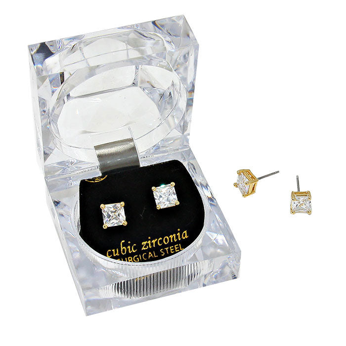 Gold 6 mm Square Crystal Cubic Zirconia CZ Stud Earrings with Clear Box. Beautifully crafted design adds a gorgeous glow to any outfit. Jewelry that fits your lifestyle! Perfect Birthday Gift, Anniversary Gift, Mother's Day Gift, Graduation Gift, Prom Jewelry, Just Because Gift, Thank you Gift, Valentine's Day Gift.