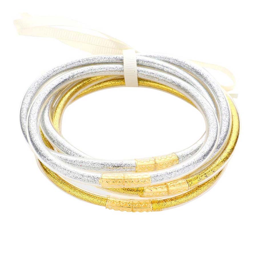 Gold 6PCS Glitter Jelly Tube Bangle Bracelets, are a beautiful & unique collection to your attire to make your look more attractive. Wear these beautiful glitter bracelets as formal or casual wear to make you stand out at a party, work, or shopping.