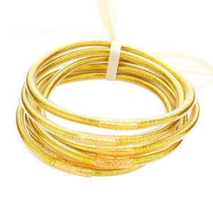 Gold 7PCS Glitter Jelly Tube Bangle Bracelets, are a beautiful & unique collection to your attire to make your look more attractive. Perfect decoration as formal or casual wear at a party, work, or shopping for ladies and girls to wear. The bracelet is filled with enough glitter, it's sparkled in the light. Beautiful bracelets will help you get more compliments on your everyday wear.