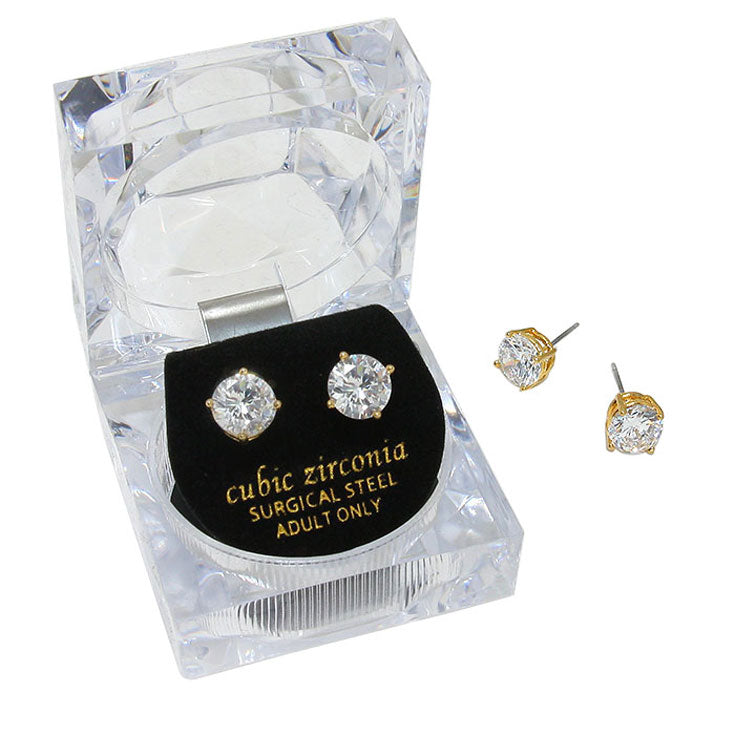 Gold 8 mm Round Cut Crystal Cubic Zirconia CZ Stud Earrings, Classic earrings that every girl needs in her jewelry box. This cubic zirconia earrings are made for you, A stunning  sparkle that captures everyone's attention. They are beautiful, bright and amazing to look at. They are the perfect alternative to real diamonds, they look great and feel great in your ears. Give a touch of casual style to your night out.