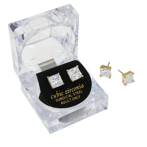 Gold 8 mm Square Crystal Cubic Zirconia CZ Stud Earrings with Clear Box. Look like the ultimate fashionista with these Earrings! Add something special to your outfit this Valentine! special It will be your new favorite accessory. Perfect Birthday Gift, Anniversary Gift, Mother's Day Gift, Graduation Gift, Valentine's Day Gift.
