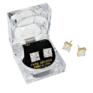 Gold 9 mm Square Crystal Cubic Zirconia CZ Stud Earrings with Clear Box. Look like the ultimate fashionista with these Earrings! Add something special to your outfit this Valentine! special It will be your new favorite accessory. Perfect Birthday Gift, Anniversary Gift, Mother's Day Gift, Graduation Gift, Valentine's Day Gift.