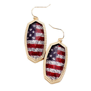 Gold Glitter American USA Flag Hexagon Stone Dangle Earrings USA Earrings; Show your love for the USA, Star pattern for a bit of fashionable fireworks flair. Glitter Stone Hexagon American USA Flag Earrings, great for Independence Day, 4th of July, Memorial Day, Flag Day, Labor Day, Election Day, Veterans Day, President Day