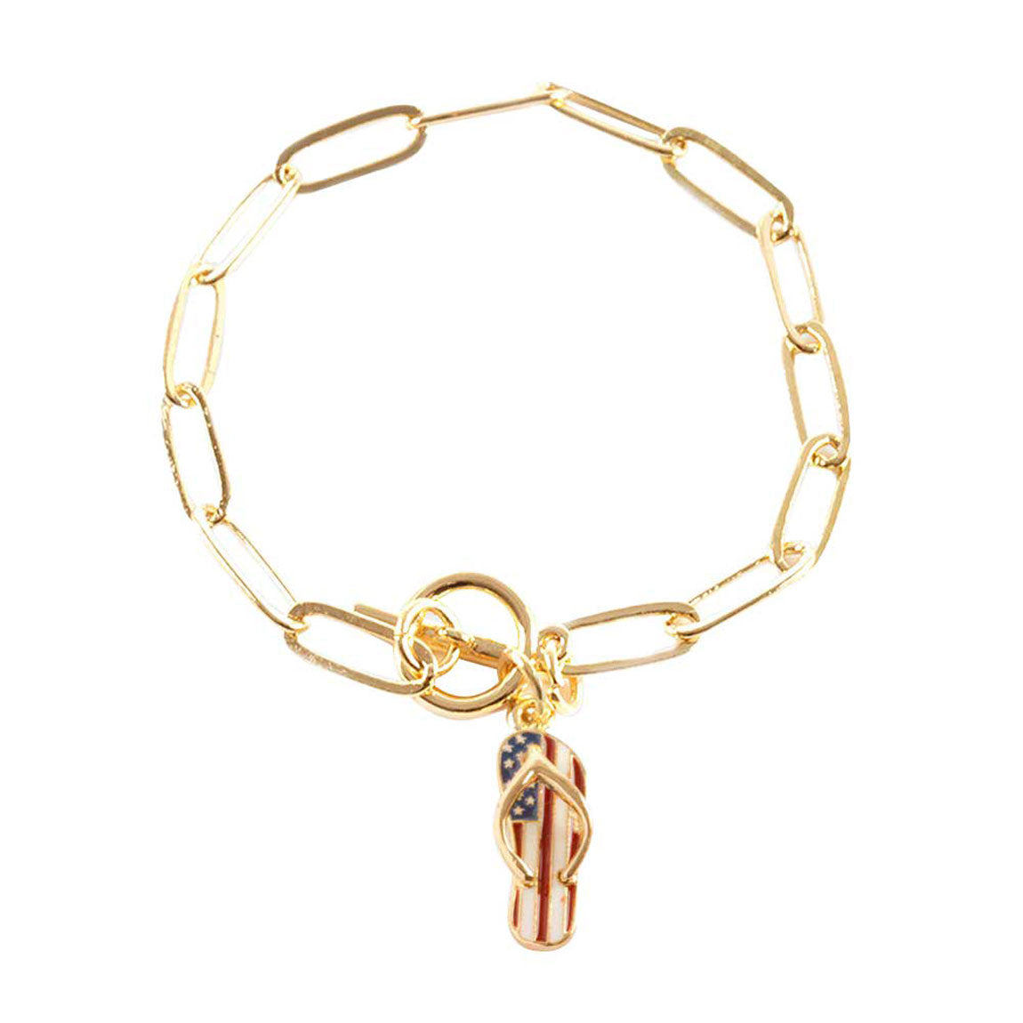 Gold American USA Flag Flip Flop Charm Toggle Bracelet, add a statement to your outfit with this beautiful accessory. It’s has beautiful USA Flag charm in our patriotic vibrant colors. Perfect of any time day or night, great for election day, national holiday, show how much you love this country.  