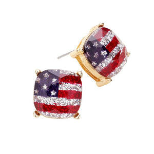 Gold American USA Flag Glitter Square Stone Stud Earrings, Show your love for our country with this sweet patriotic USA style American Flag Earrings. Featuring red, white and blue for a bit of fashionable fireworks flair. Lightweight and comfortable for wearing all day long. Goes with any of your casual outfits and Adds something extra special. Great gift idea for your Loving One.