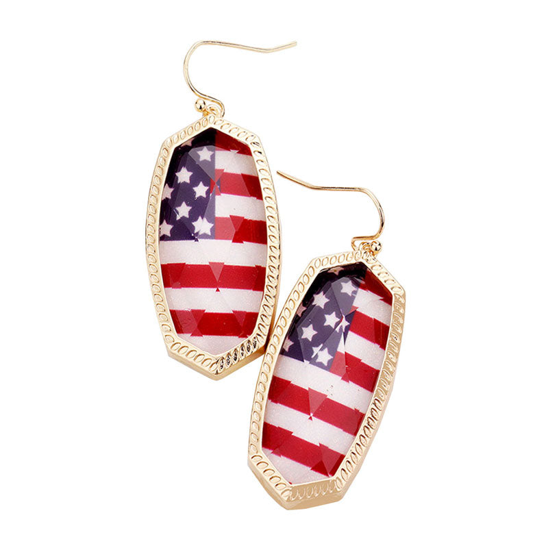 Gold American USA Flag Hexagon Stone Dangle Earrings, simple sophistication makes a standout addition to your collection designed adds a pop of color to any outfit style, Show your love for our country with this sweet patriotic USA Flag style American Flag dangle earrings. These hexagon earrings are just the thing you need to complete your costume! For a stylish fireworks flare, red, white, and blue are combined.