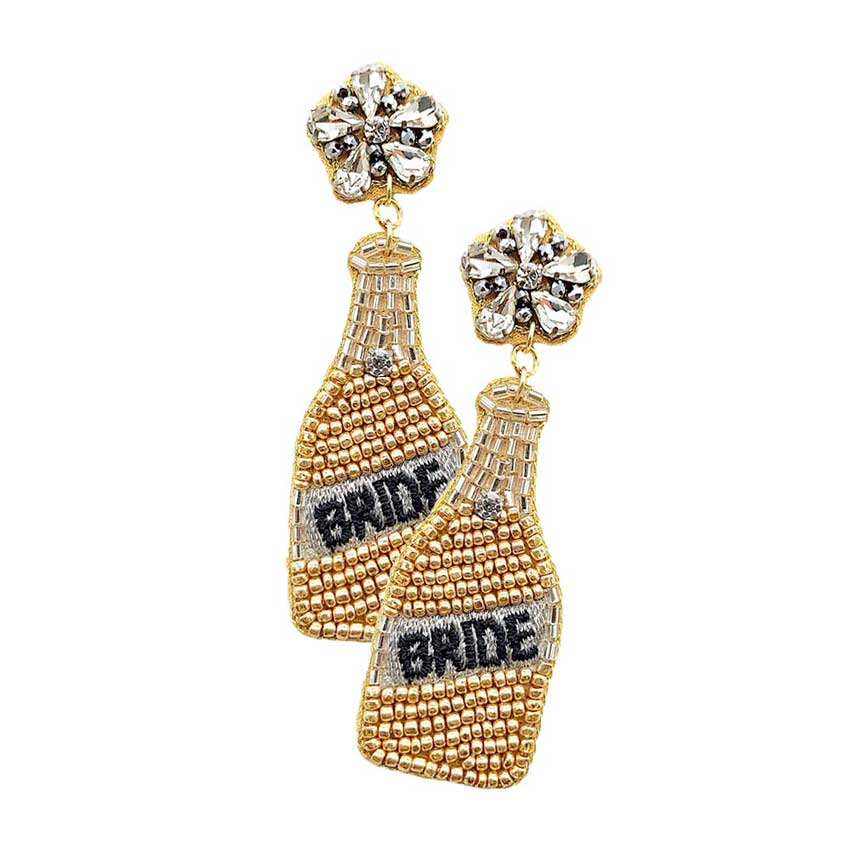Gold BRIDE Felt Back Seed Beaded Champagne Dangle Earrings, This Champagne earring will glow up your special occasion, stylist and fashionable beaded handcrafted jewelry that fits your lifestyle, Dangle earring add extra special to your outfit! Enhance your attire with these beautiful artisanal wedding & bridal themed earrings to show off your fun trendsetting style. Lightweight and comfortable for wearing. Perfect for New Year's Eve Party, bachelorette party, Christmas Holiday Party and Celebration.