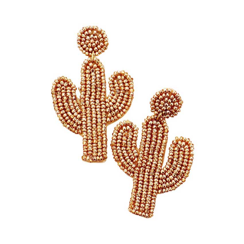 Gold Beaded Cactus Drop Dangle Earrings, It's made of beads. Light weight and comfortable to wear, adopt to current popular trend element of beads, give you charming look and win more compliments, With this vibrant color earring, show off for a day at the beach, Summer pretty! These Fashion and stylish Cactus Earrings suitable for work, party, business, travel, daily using and so on.