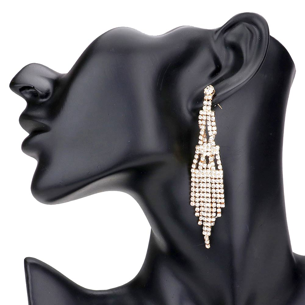 Gold Beautiful Rhinestone Pave Dangle Evening Earrings, completed the appearance of elegance and royalty to drag the attention of the crowd on special occasions. The beautifully crafted fringe design adds a gorgeous glow to any outfit to make you stand out and more confident. Perfect jewelry gift to expand a woman's fashion wardrobe with a modern, on-trend style. 