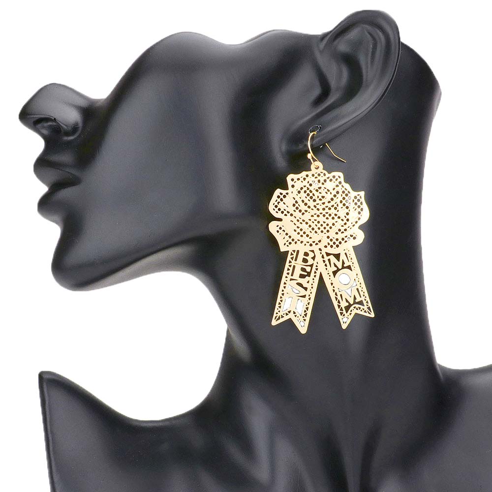 Gold Best Mom Message Brass Metal Rose Flower Dangle Earrings, jewelry that fits your lifestyle, adding a pop of pretty color. Enhance your attire with these vibrant beautiful Best Mom dangle earrings to dress up or down your look. The perfect gift for Valentine's Day, Wedding, Prom, Birthday, Christmas, Anniversary, etc.