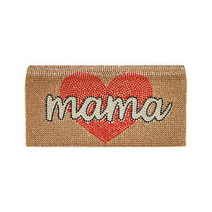 Gold Bling Mama Heart Evening Clutch Crossbody Bag, look like the ultimate fashionista when carrying this small clutch bag, great for when you need something small to carry or drop in your bag. Perfect Birthday Gift, Anniversary Gift, Mother's Day Gift, Graduation Gift, or Valentine's Day Gift.