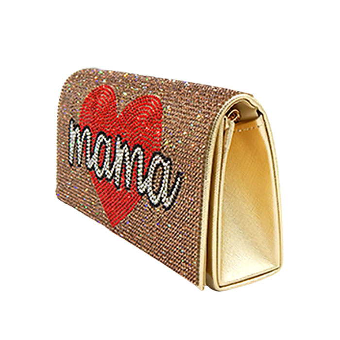Gold Bling Mama Heart Evening Clutch Crossbody Bag, look like the ultimate fashionista when carrying this small clutch bag, great for when you need something small to carry or drop in your bag. Perfect Birthday Gift, Anniversary Gift, Mother's Day Gift, Graduation Gift, or Valentine's Day Gift.